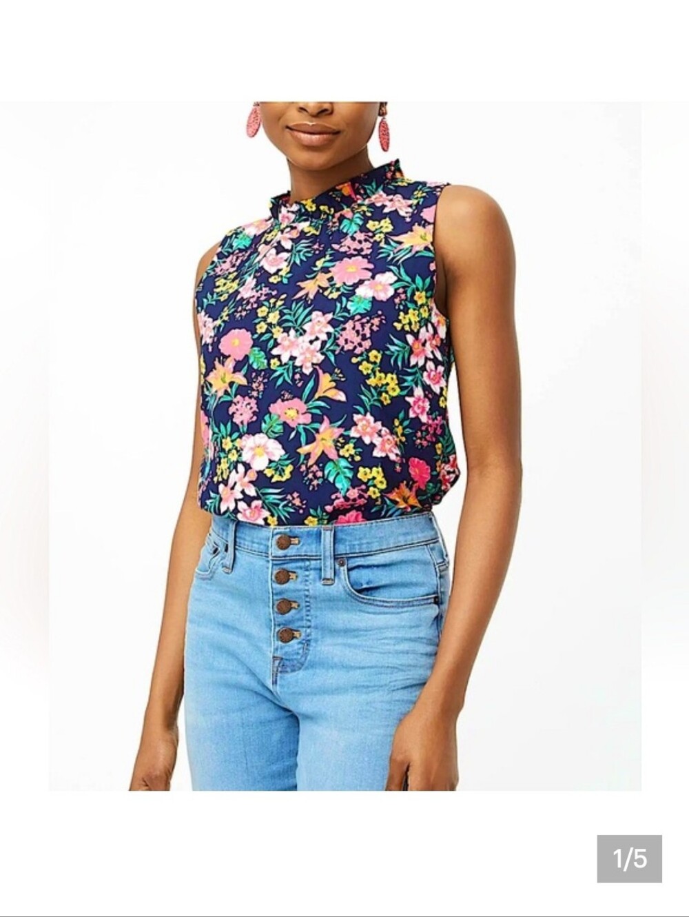 J. Crew Floral Ruffle Neck Sleeveless Blouse